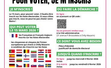Tous citoyens ! Pour participer à la vie de notre commune, le vote est à la fois un droit et un devoir. Pour pouvoir voter le 15 mars 2026, il faut au préalable s'inscrire sur les listes électorales avant le vendredi 6 février 2026 en mairie.