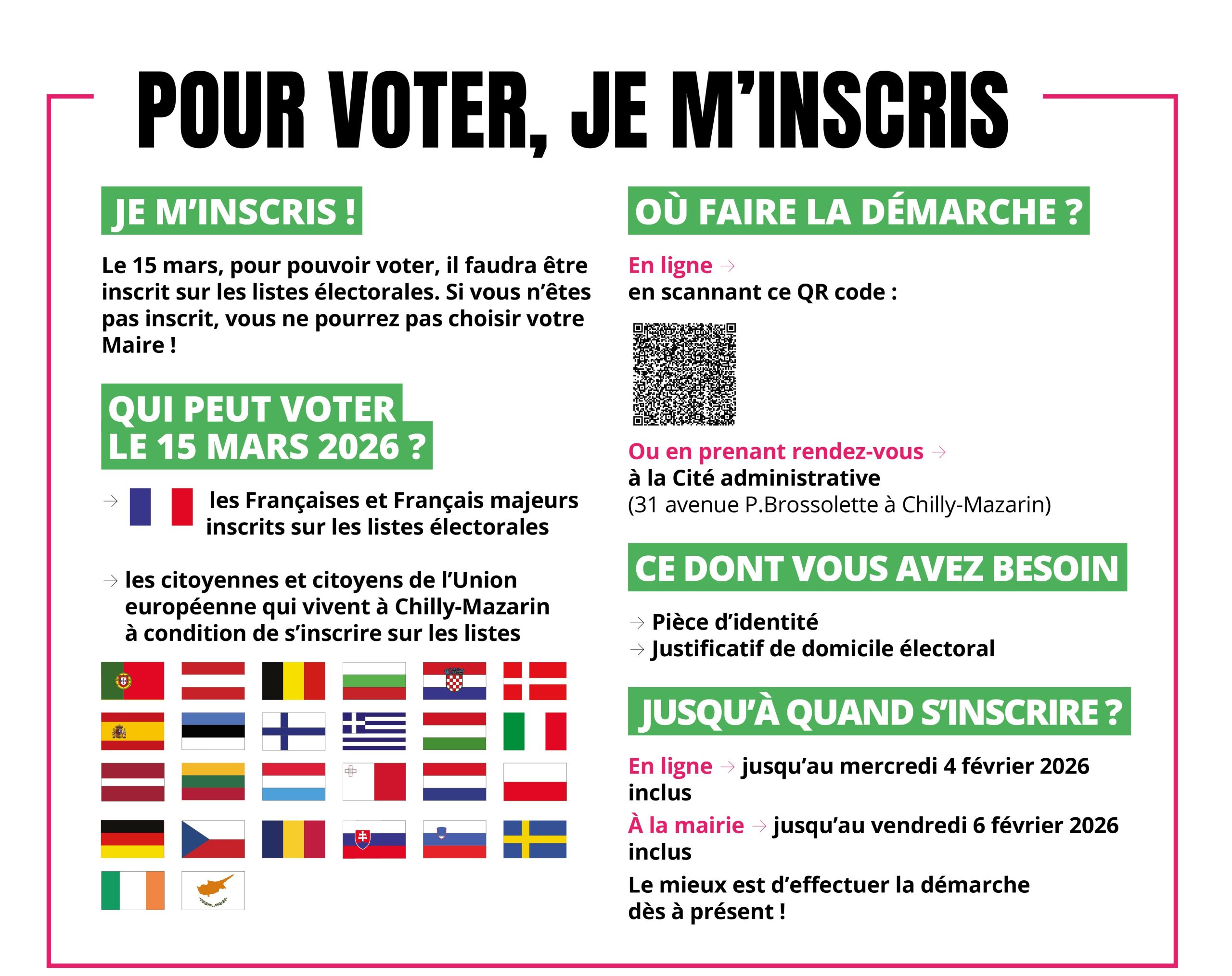 Tous citoyens ! Pour participer à la vie de notre commune, le vote est à la fois un droit et un devoir. Pour pouvoir voter le 15 mars 2026, il faut au préalable s'inscrire sur les listes électorales avant le vendredi 6 février 2026 en mairie.